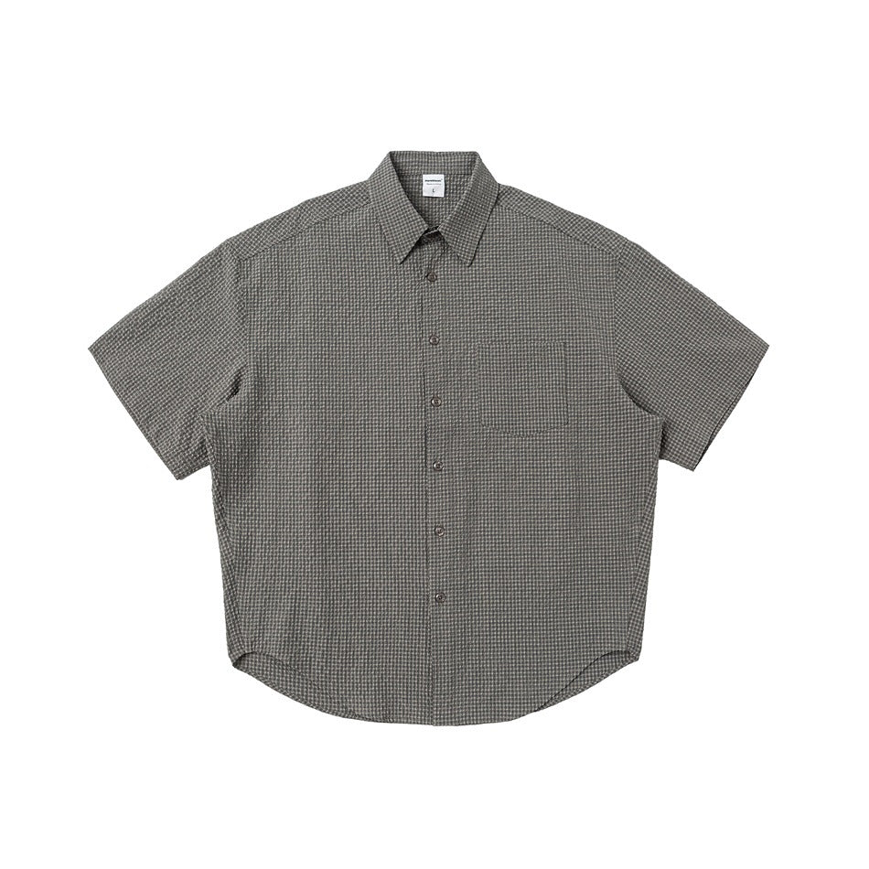 Gray-green small-check short-sleeve button-up shirt with chest pocket, front flat lay