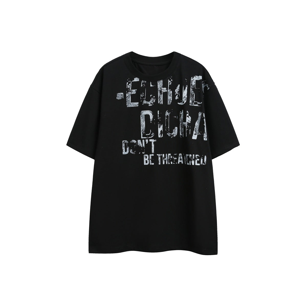 Black short-sleeve crew-neck T-shirt with large gray-white distressed stencil lettering on the front