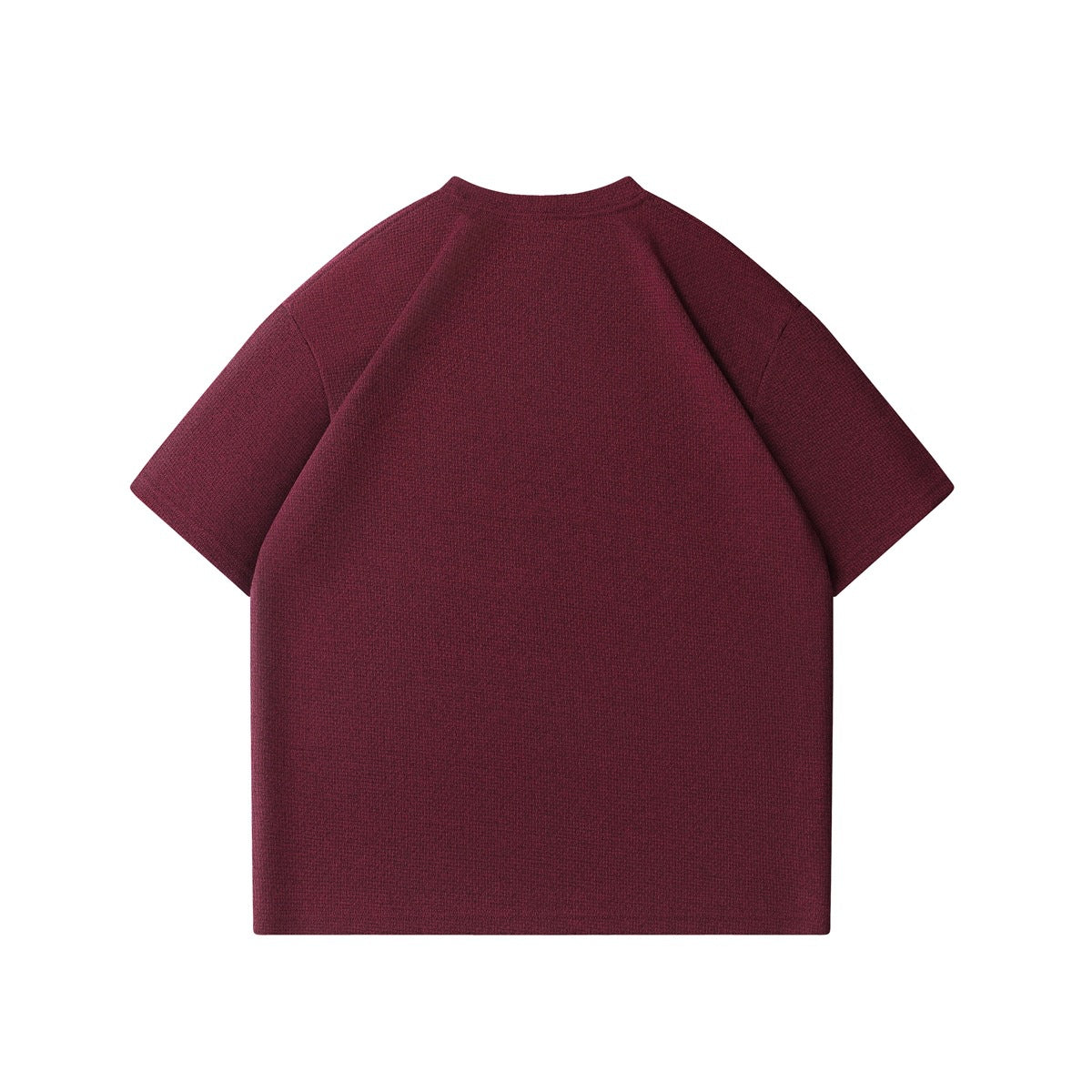 Back view of a plain burgundy short-sleeve crew-neck T-shirt.