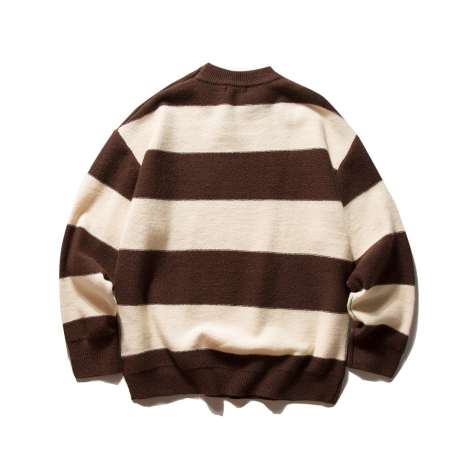 Back view of a brown-and-cream horizontally striped sweater with ribbed cuffs, hem, and crew neckline.