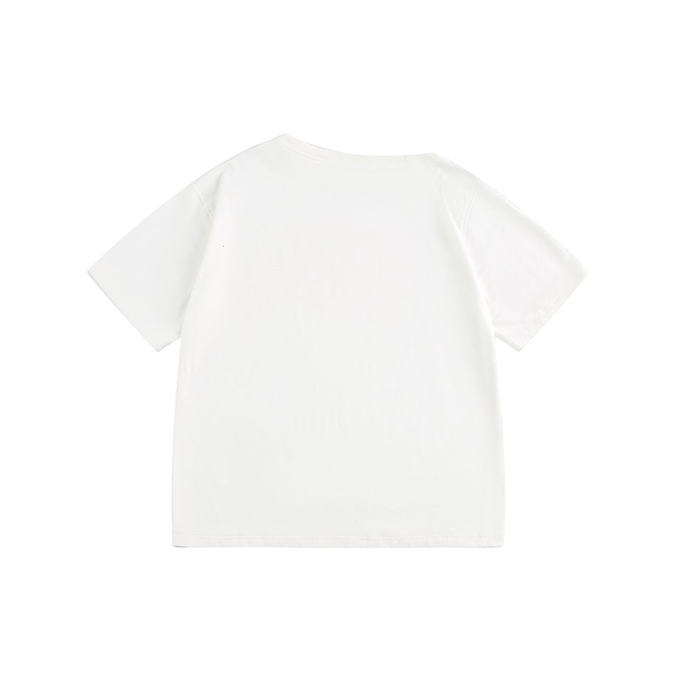 Back of a plain white short-sleeve crew-neck T-shirt displayed flat on a white background.