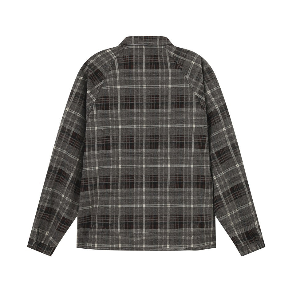 Back view of a charcoal gray plaid long-sleeve zip jacket against a white background.