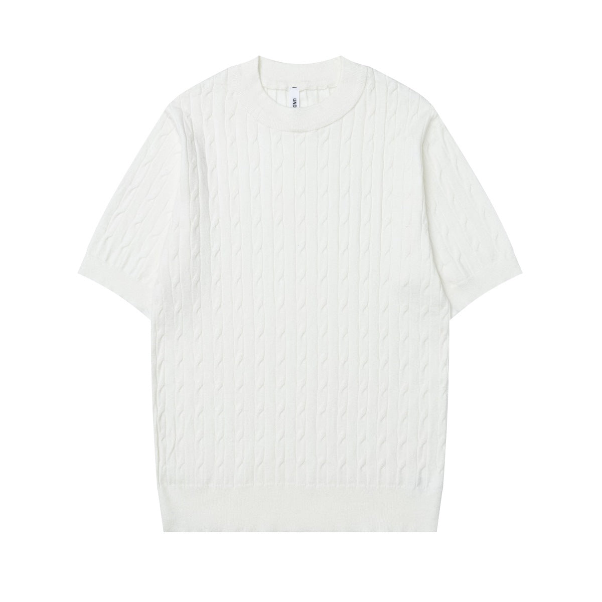 White cable-knit short-sleeve crew-neck top, flat front view