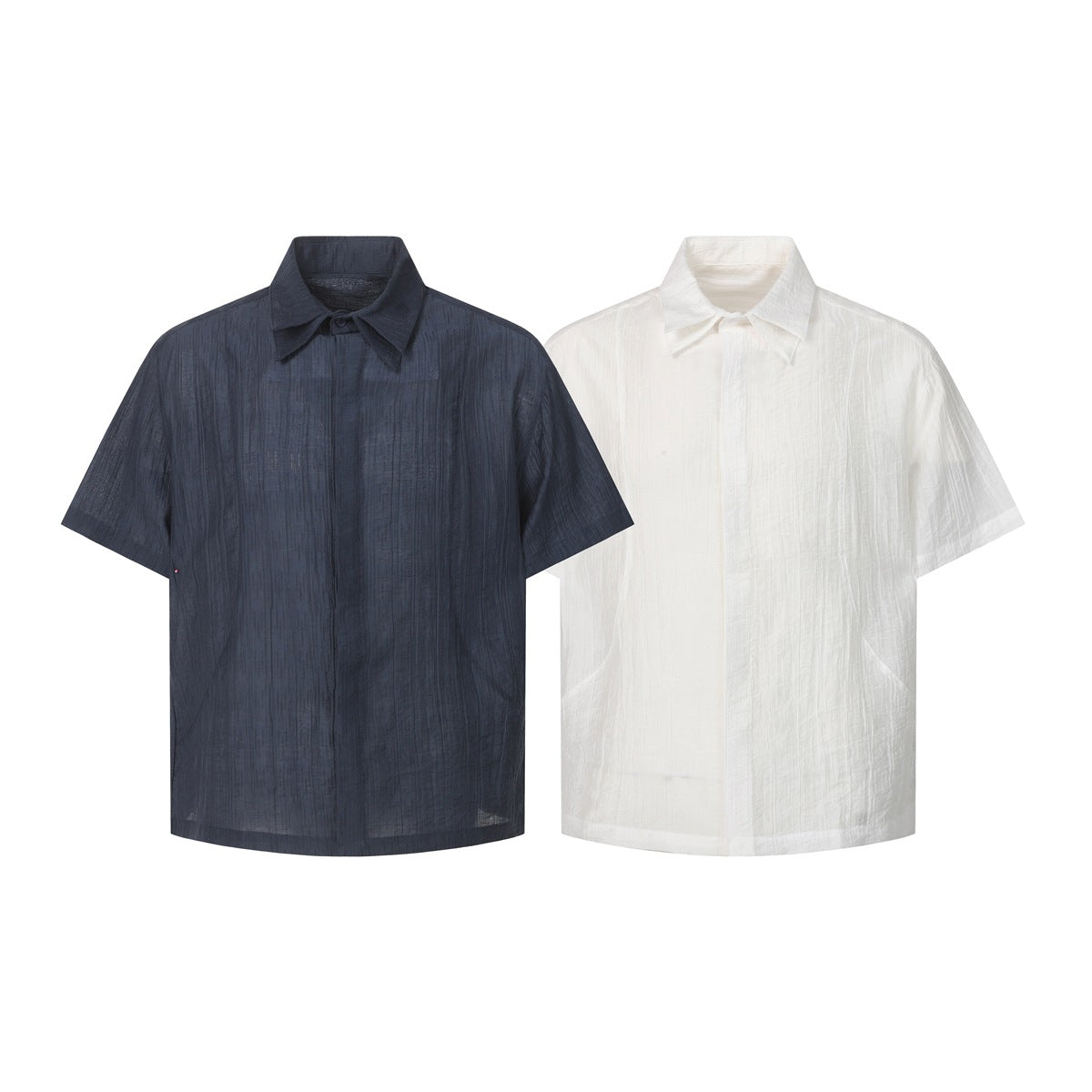 Front views of collared short-sleeve shirts in navy and white, shown side by side.