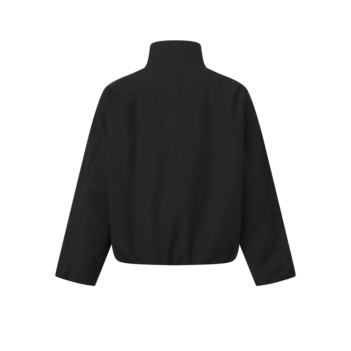 Back view of a black jacket with a stand collar, long sleeves, and a gathered hem.