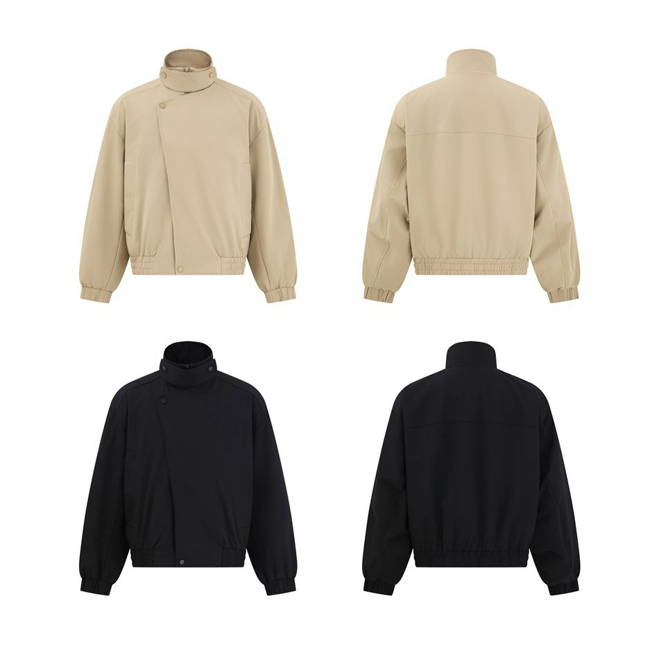 Front and back views of the stand-collar jacket in khaki (top row) and black (bottom row) on a white background