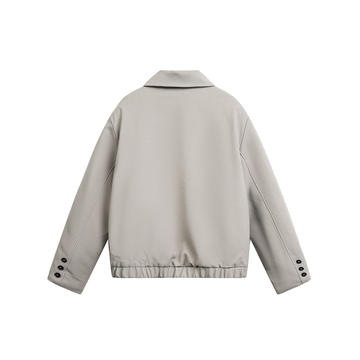 Back view of a light gray cropped jacket with a folded collar, elastic hem, and three-button cuffs.