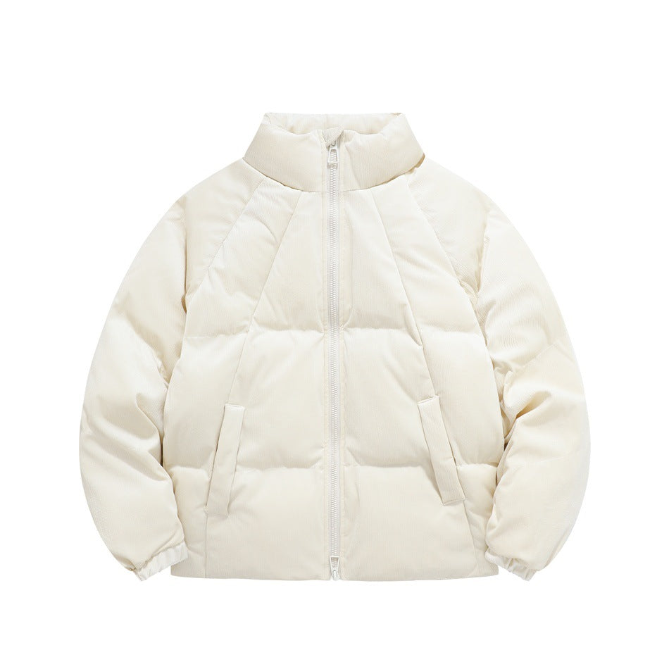 Cream apricot stand-collar puffer jacket with front zip, quilted channels, pockets and elastic cuffs, flat front view