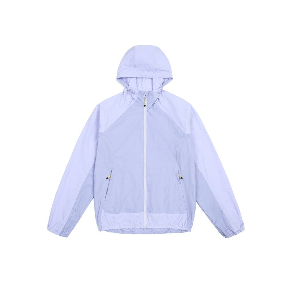 Purple color-block hooded zip jacket flat lay, front view, with lavender and periwinkle panels and yellow zipper pulls