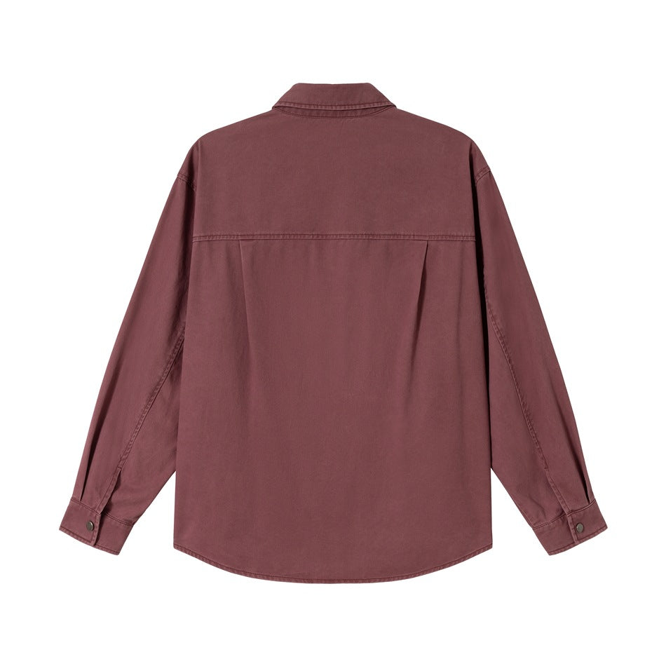 Back view of a dusty mauve long-sleeve overshirt with a collar, back yoke, and curved hem.