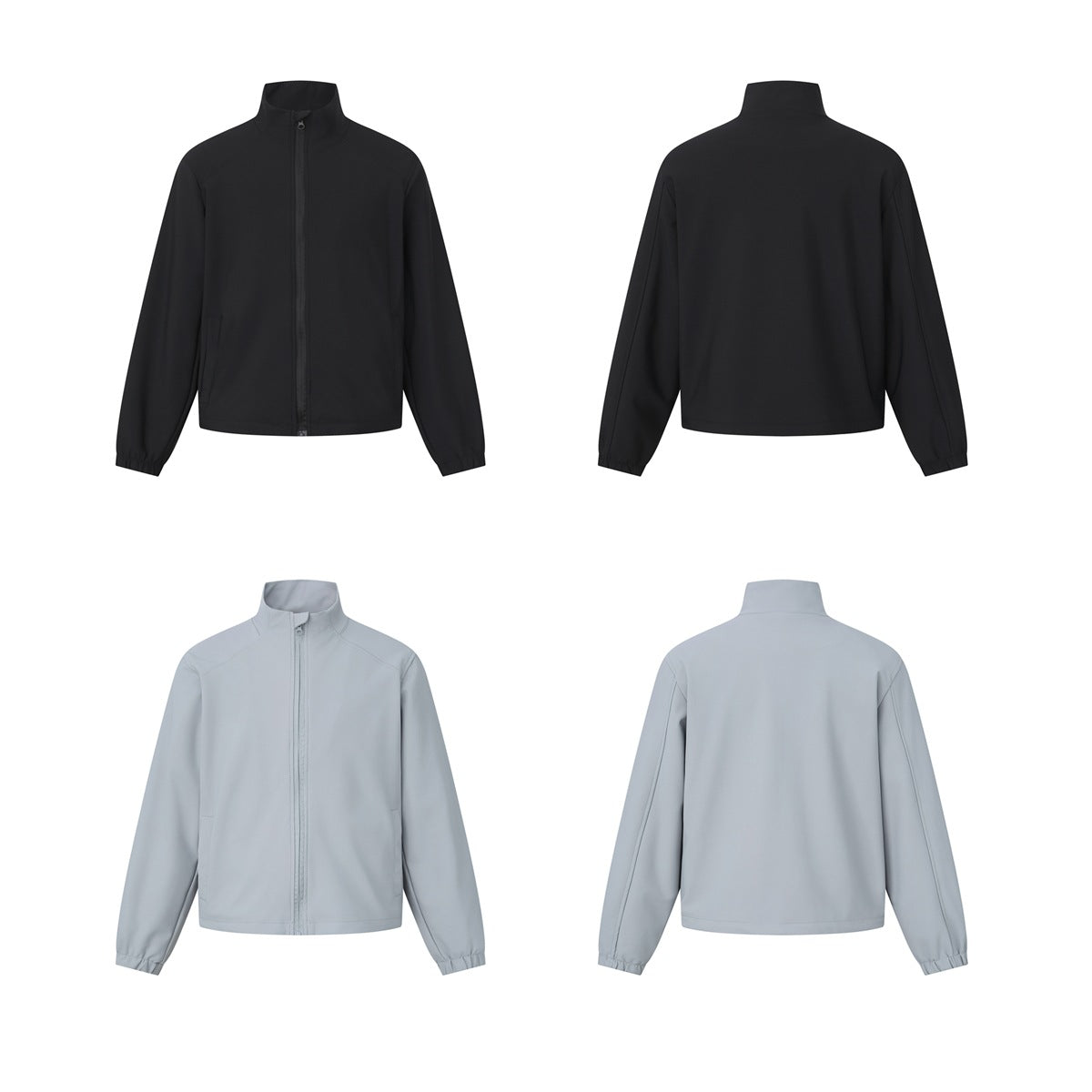 Front and back flat views of the jacket in black and light gray, arranged in a grid
