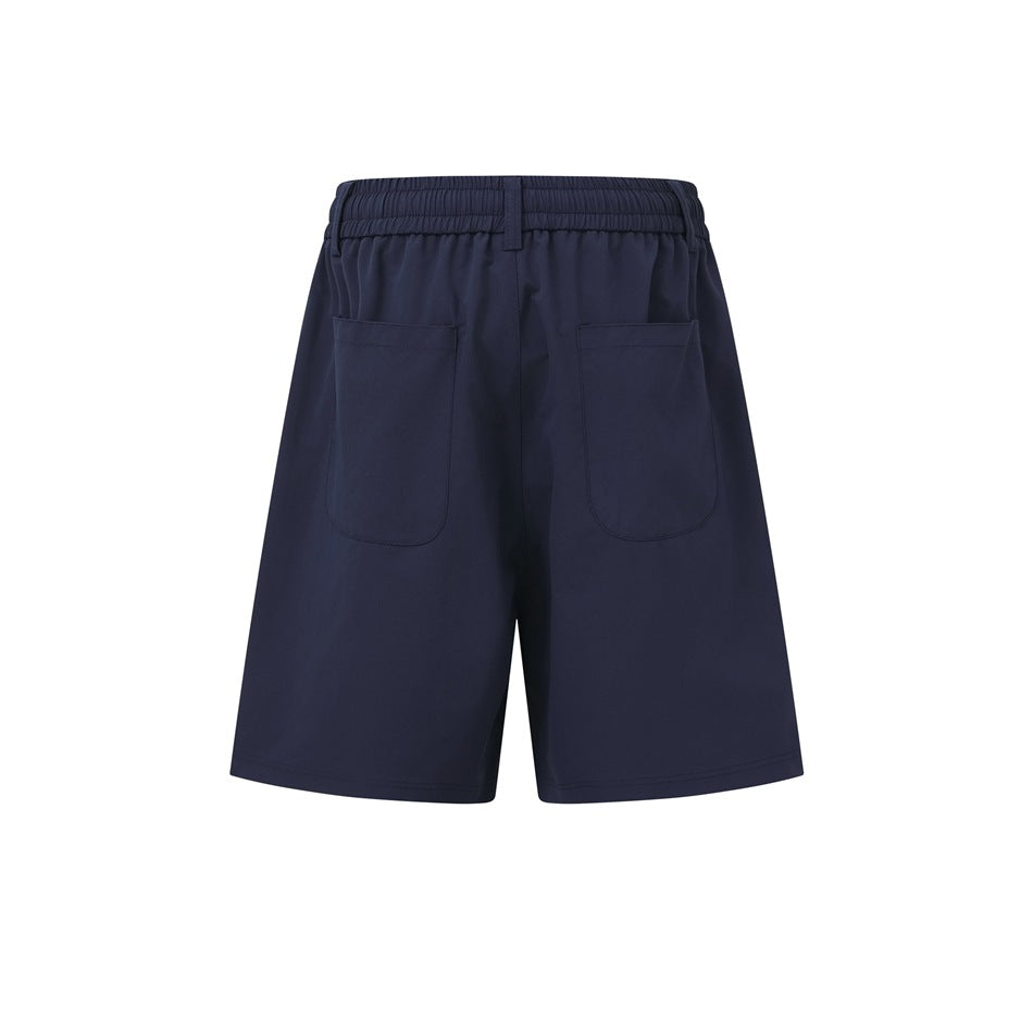 Back view of dark navy shorts with an elastic waistband, belt loop, and two patch pockets.