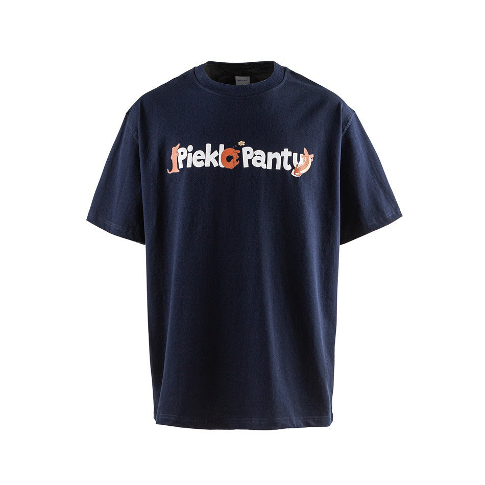 Navy short-sleeve crew-neck T-shirt with colorful lettering and cartoon hotdog graphics across the chest.