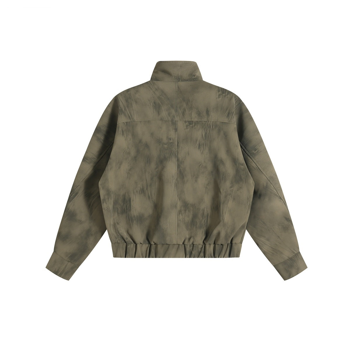 Back view of an olive-brown jacket with a high collar, long sleeves, and gathered hem.
