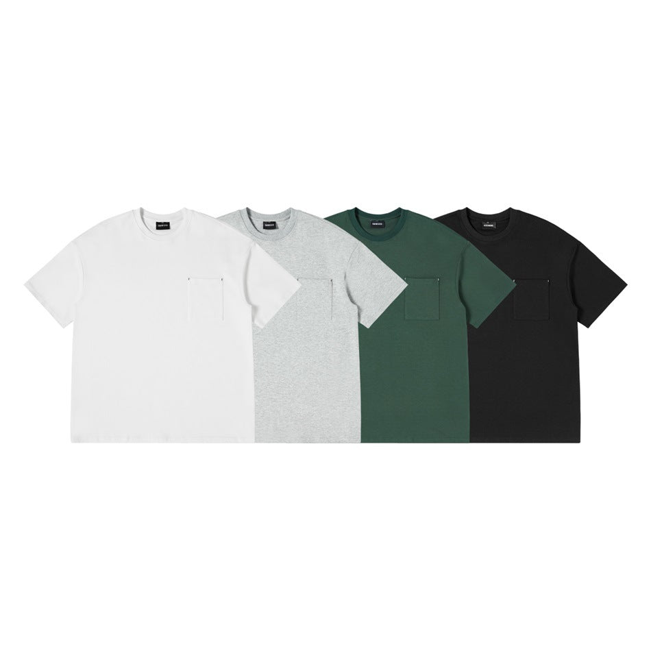 Four short-sleeve crew-neck pocket T-shirts shown in white, heather gray, dark green, and black.