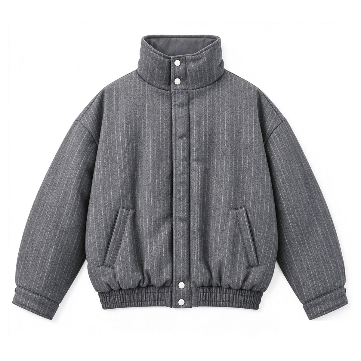 Dark gray pinstriped stand-collar bomber jacket, flat front view with snap placket and elastic hem