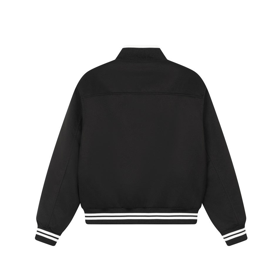 Back view of a black bomber jacket with a stand collar and white-striped ribbed cuffs and hem, shown against white.
