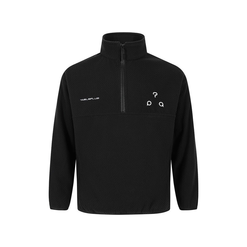 Black half-zip pullover with stand collar and textured fleece-like fabric, front view