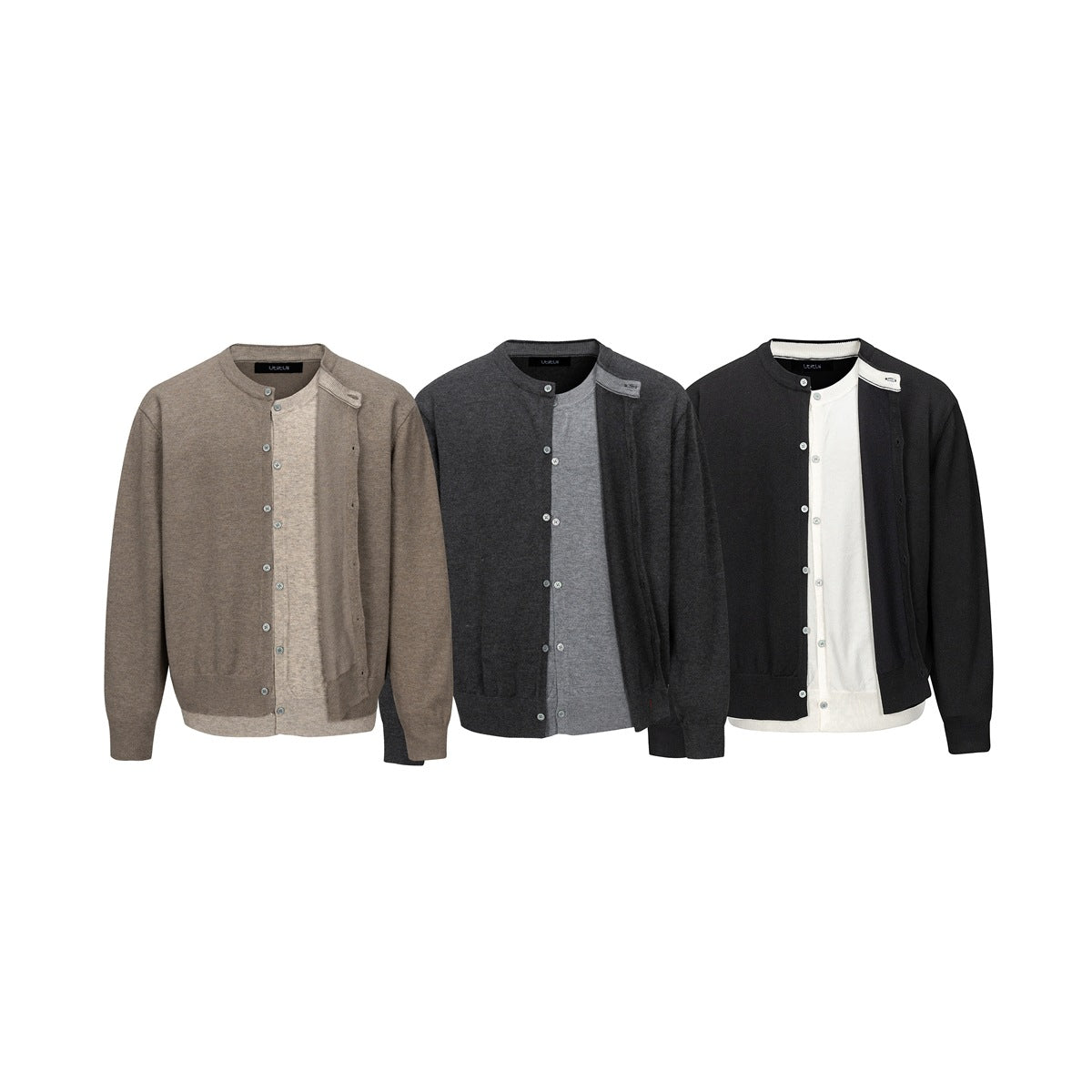 Three button-front cardigans in taupe, charcoal gray, and black with contrasting inner panels.