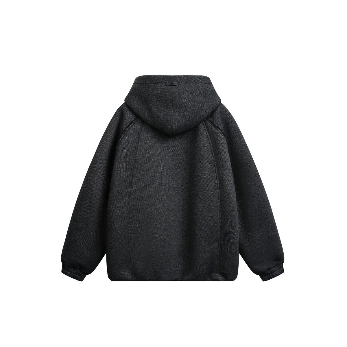 Back view of a charcoal hooded jacket with raglan seams and elastic cuffs, shown against a white background.