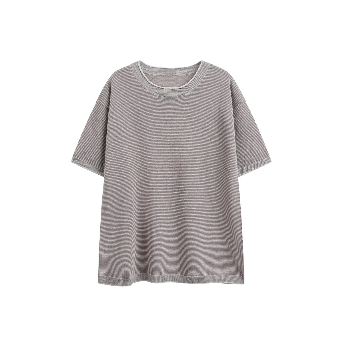 Khaki short-sleeve crew-neck knit T-shirt with fine horizontal stripes and light trim, flat front view