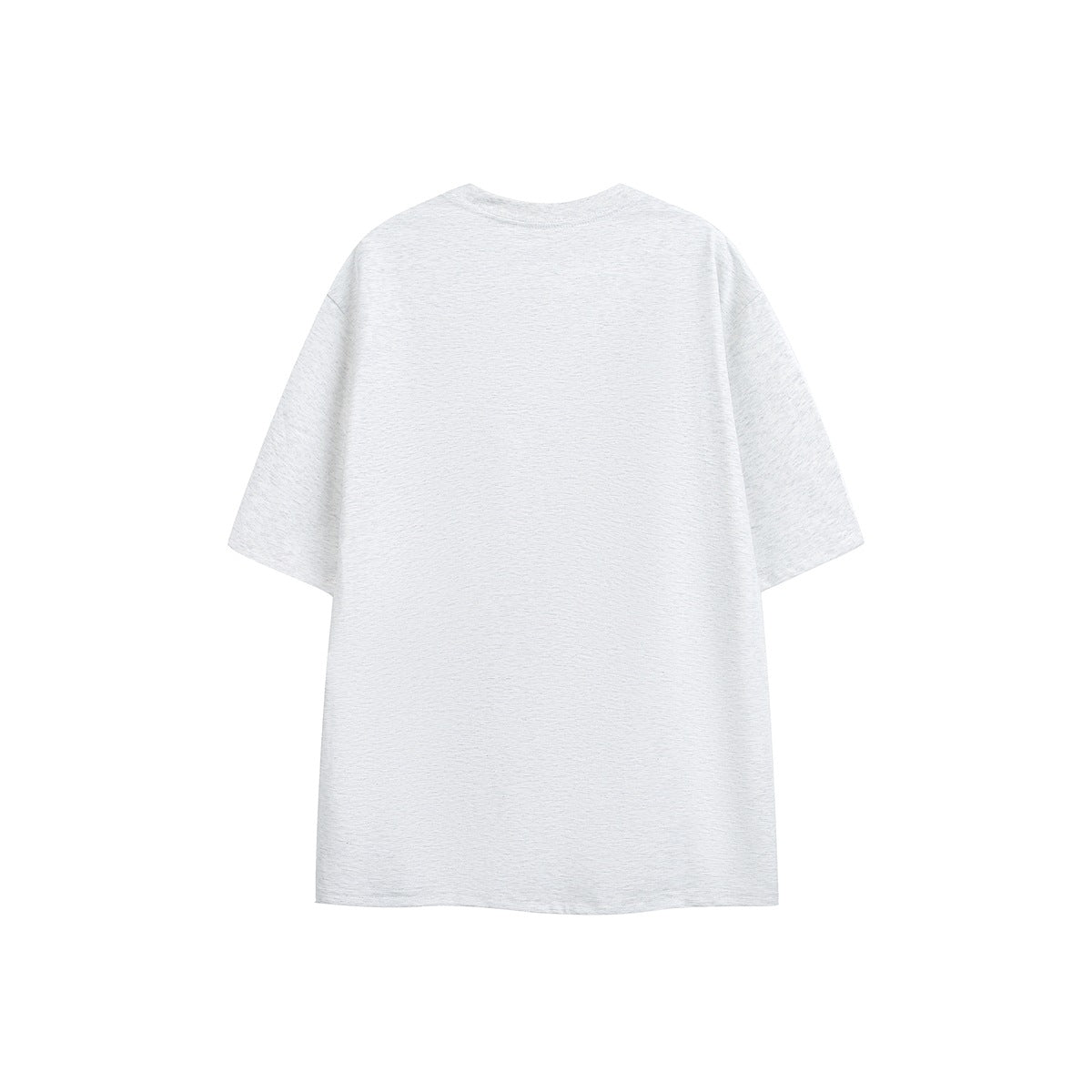 Back view of a plain heather gray short-sleeve crew-neck T-shirt with drop shoulders