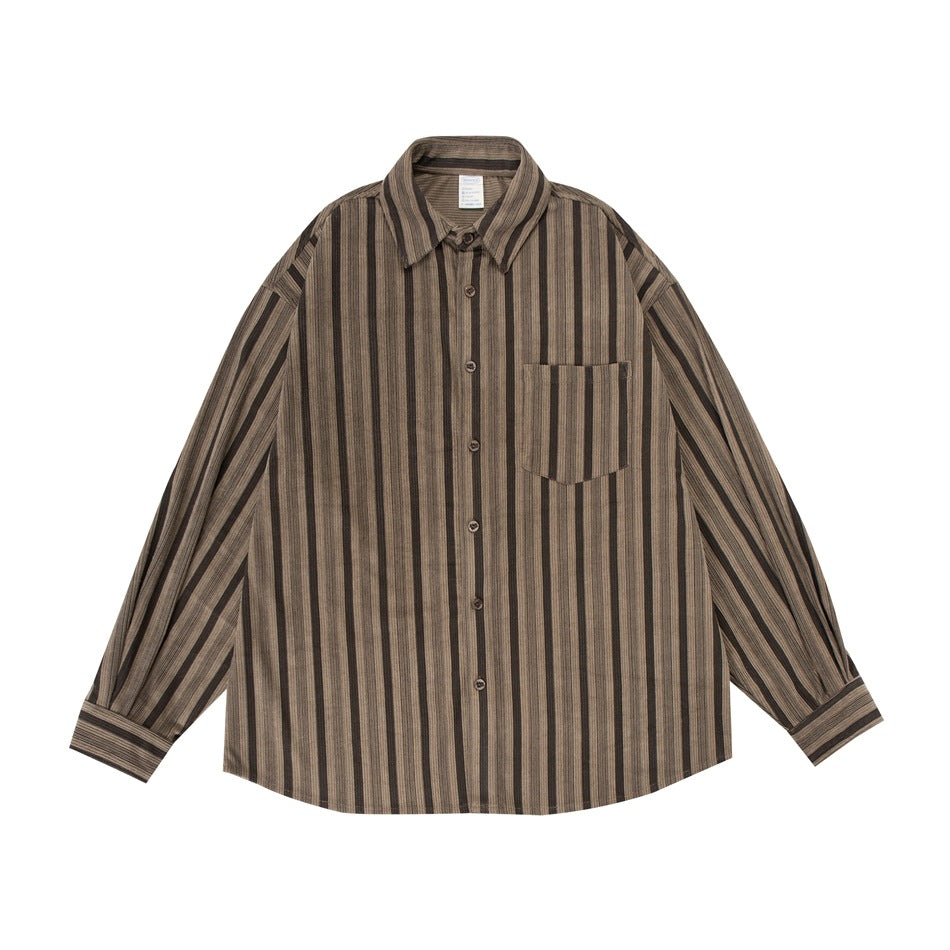 Brown vertical-striped long-sleeve button-up shirt with chest pocket, flat lay front view