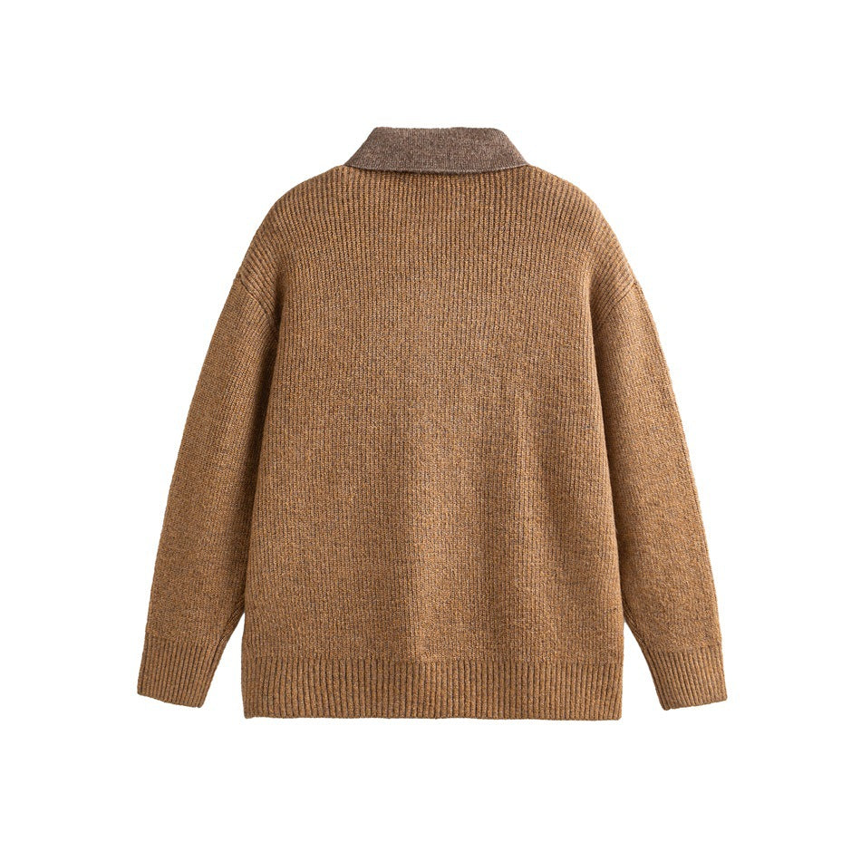 Back view of a brown knit sweater with a contrasting collar and ribbed cuffs and hem.