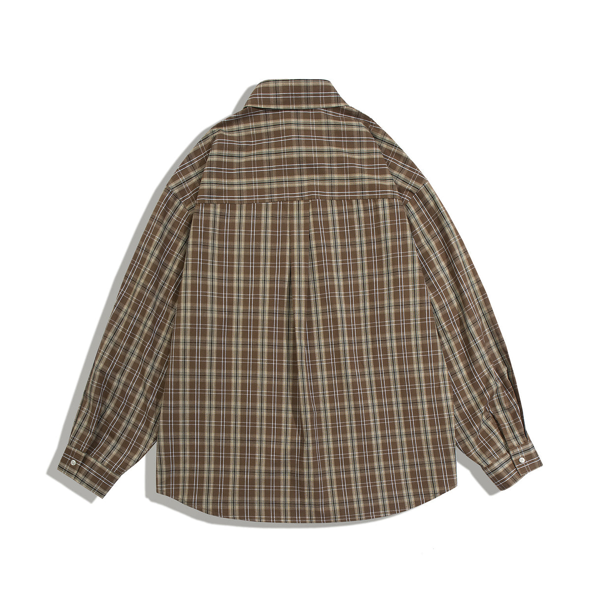Back view of a long-sleeve brown plaid button-up shirt with a back yoke and center pleat.