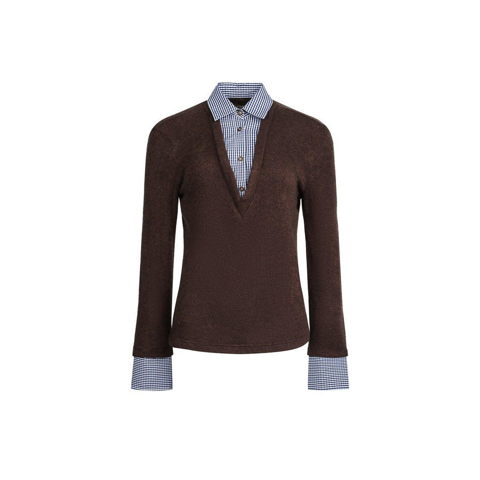Coffee brown knit deep V-neck top with navy gingham faux shirt collar, placket and cuffs, flat front view