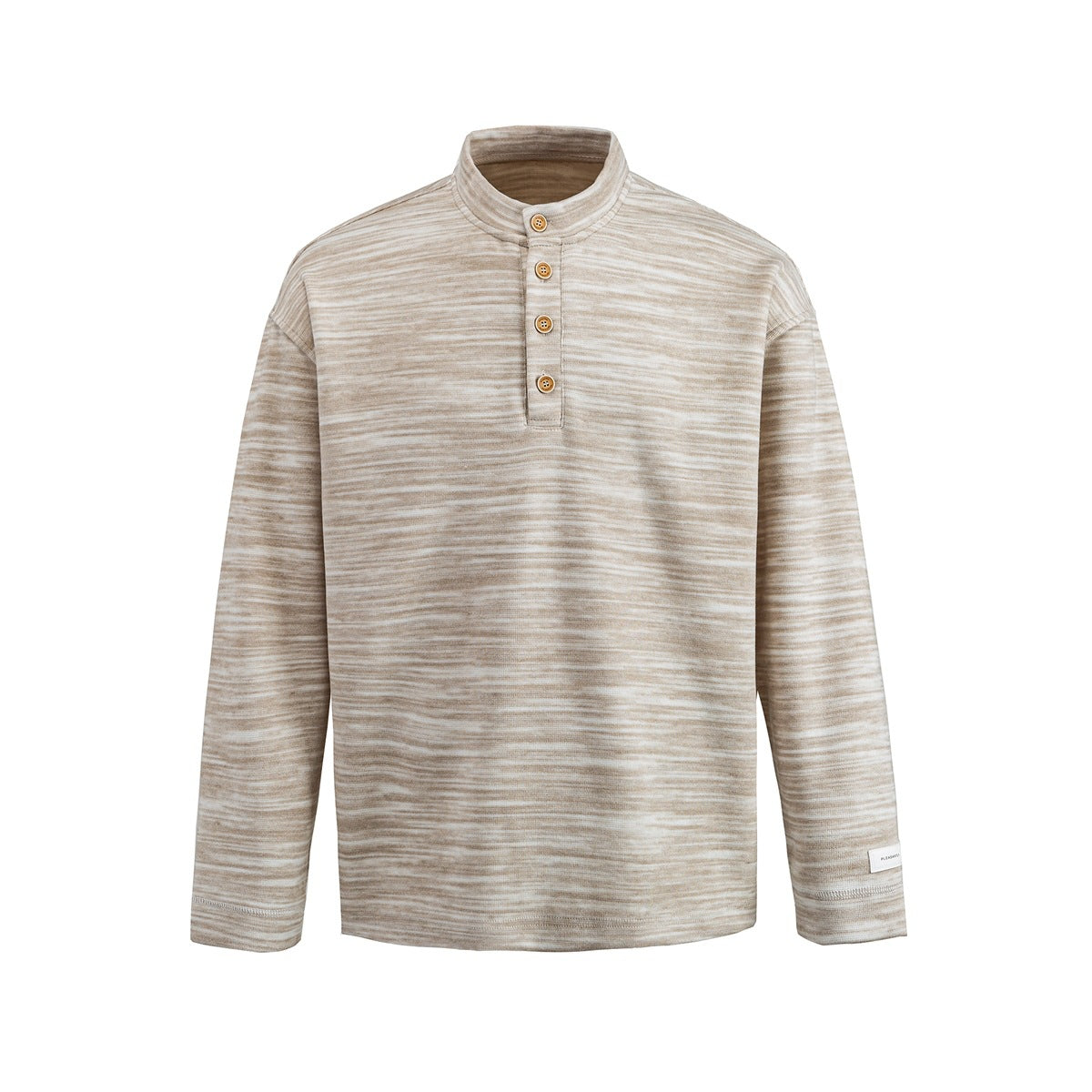 Oatmeal streaky henley pullover with stand collar, four wood-tone buttons and drop shoulders, flat front view