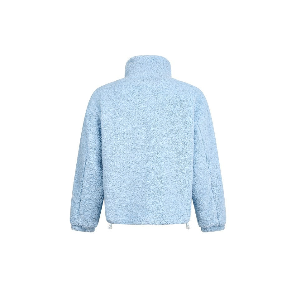 Back view of a light-blue plush jacket with a high collar, long sleeves, and adjustable hem cords on a white background.