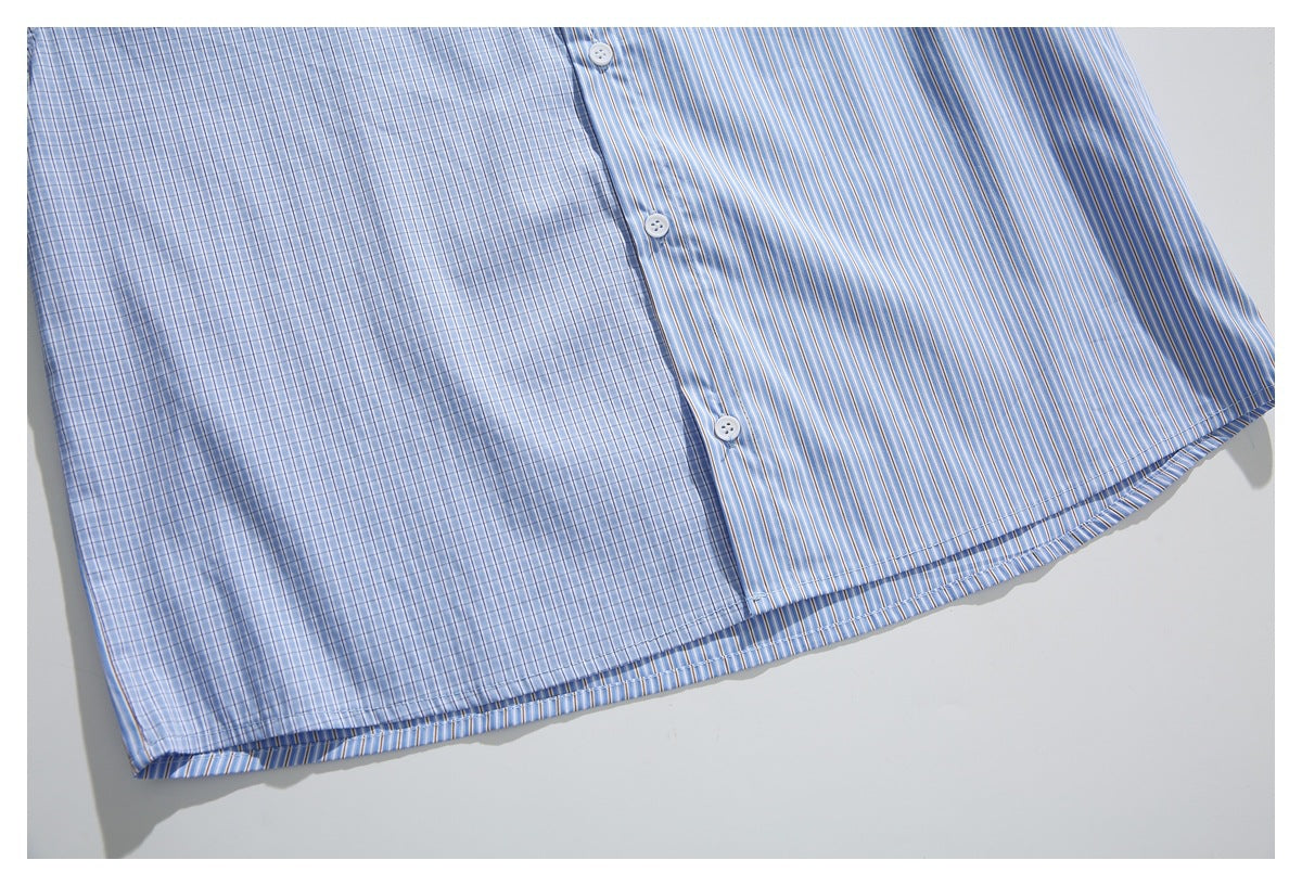 Close-up of a shirt hem showing blue and tan stripes beside a pale blue checked panel.
