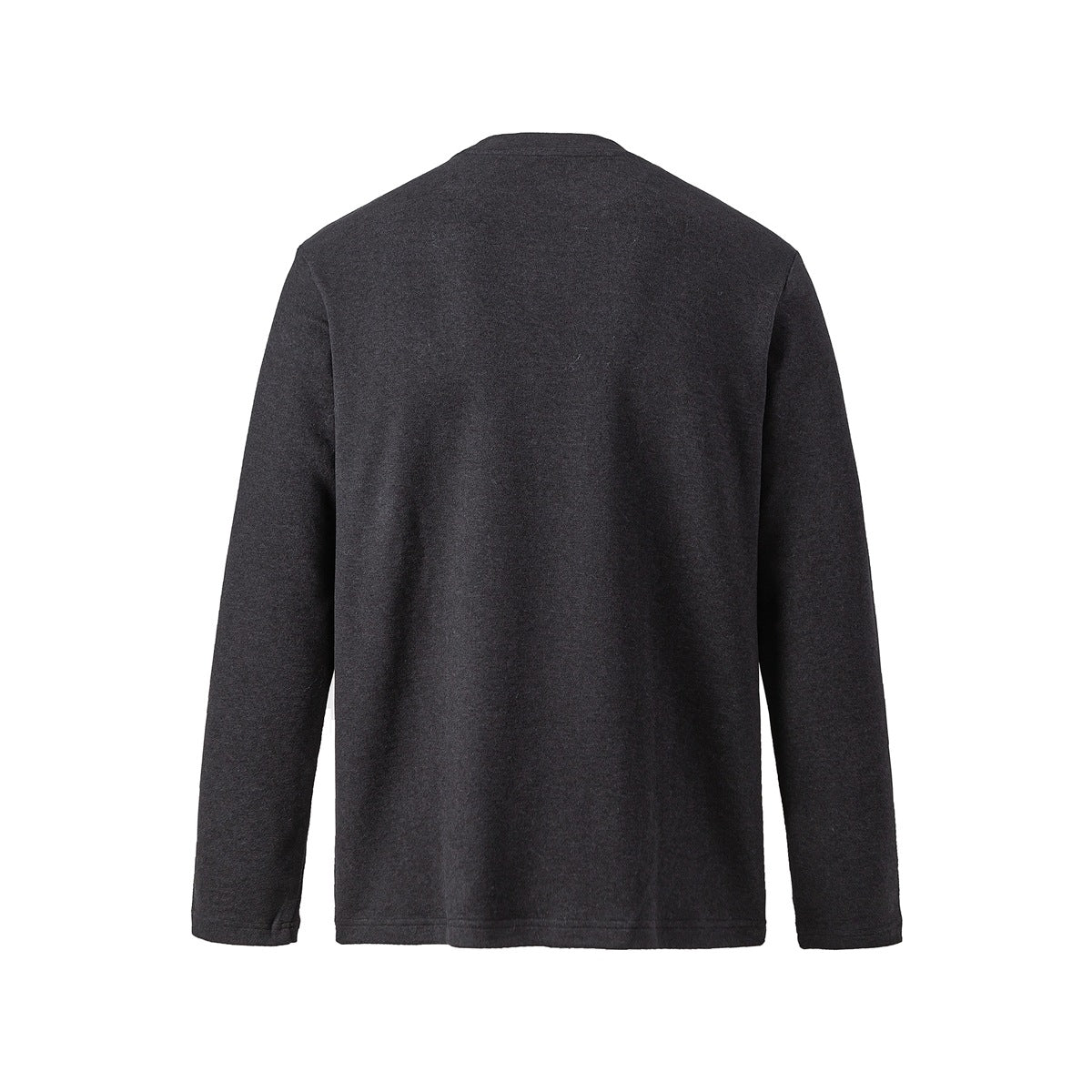 Back view of dark charcoal long-sleeve crew-neck top with a plain heathered surface