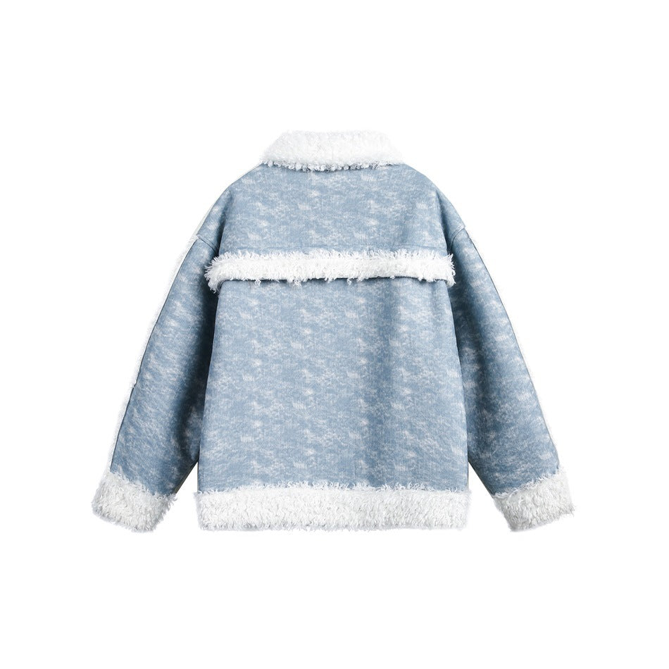 Back view of a blue mottled jacket with white curly fleece trim at the collar, yoke, cuffs, and hem.