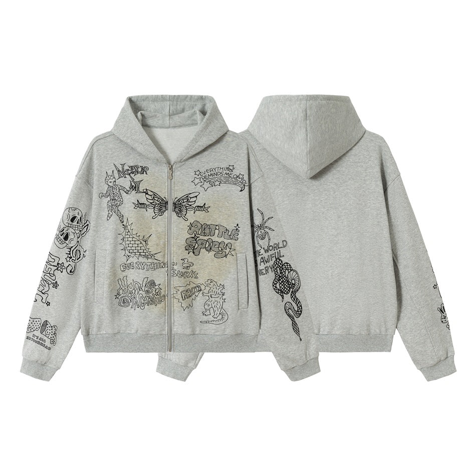 Gray zip-up hoodie shown from the front and back, with black doodle graphics on the front and sleeve.