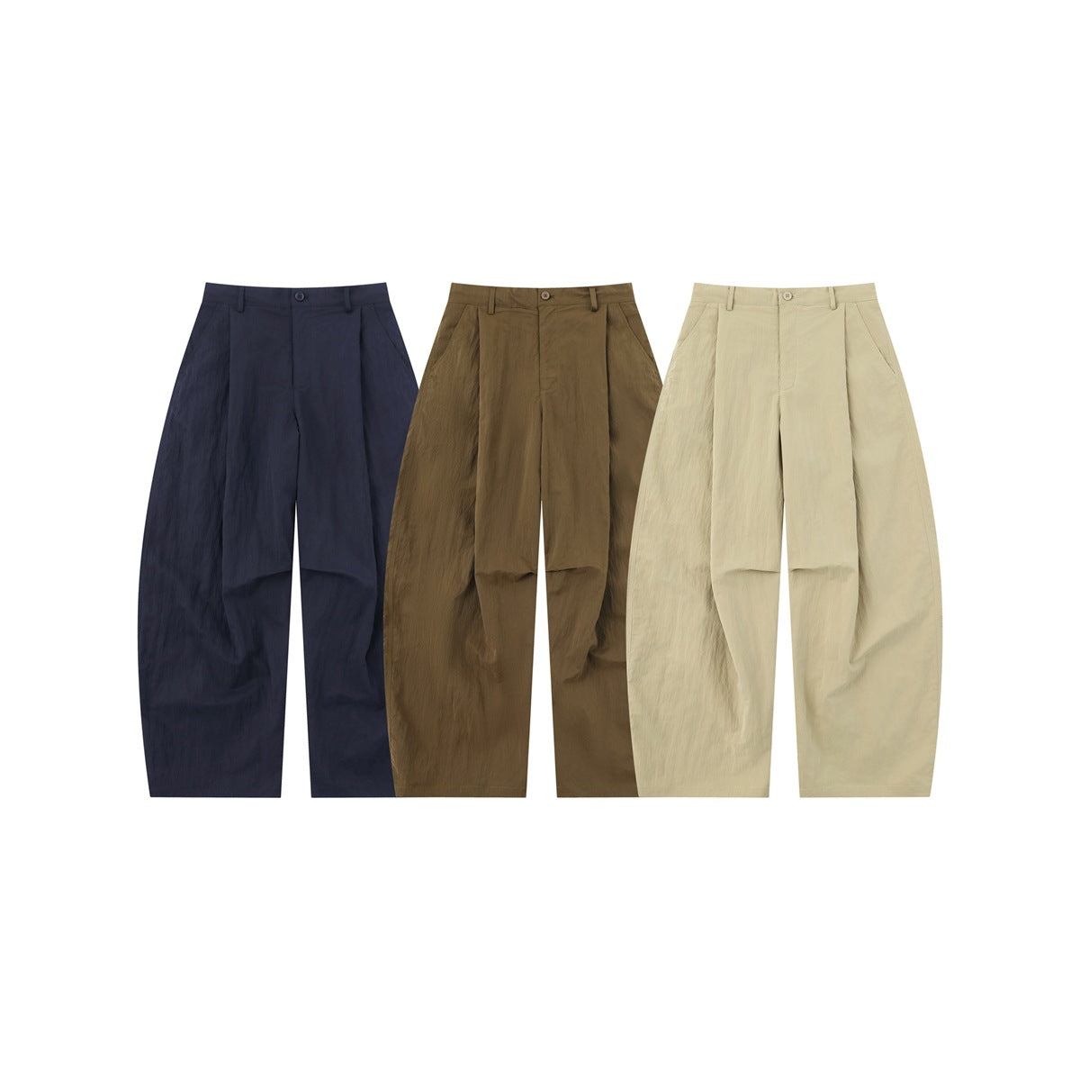 Three pairs of wide-leg pleated trousers shown from the front in navy, brown, and beige.