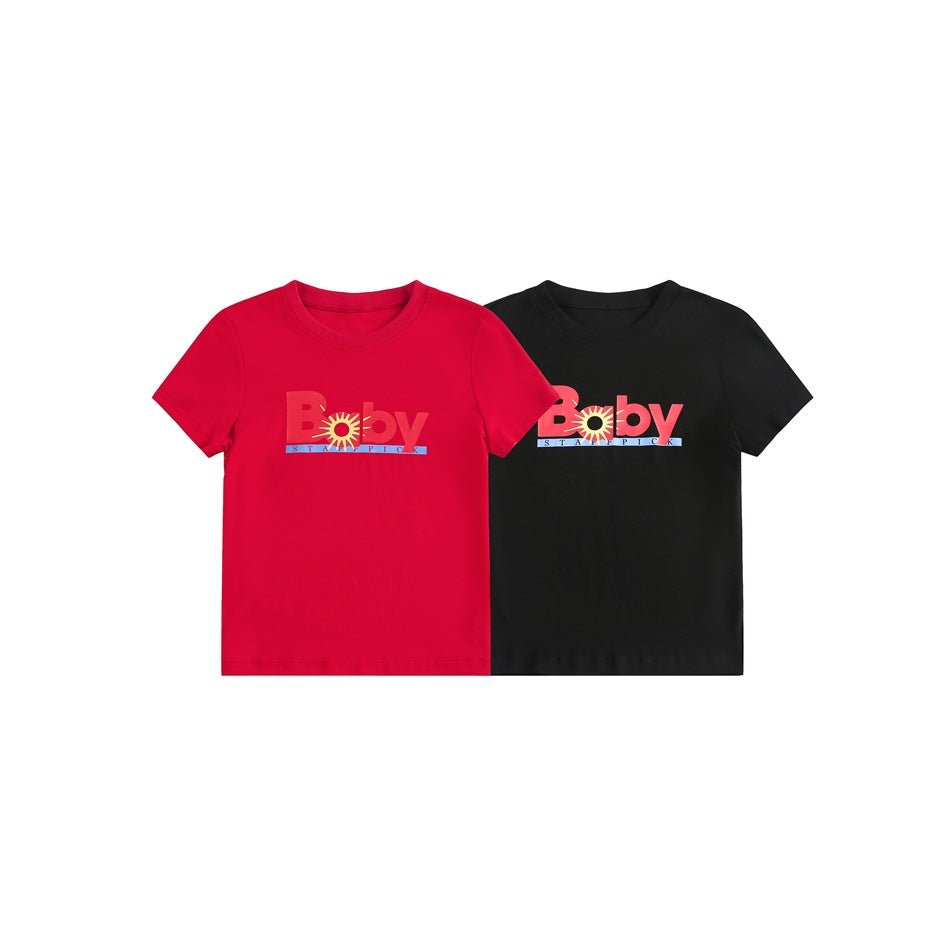 Two short-sleeve graphic T-shirts shown side by side: one red and one black.