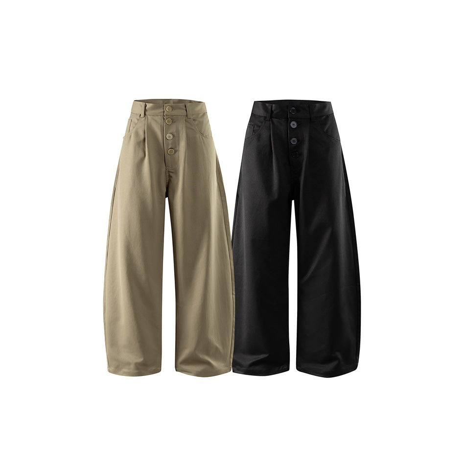 Front views of wide-leg trousers in taupe and black, each with belt loops, front pockets, and a button fly.