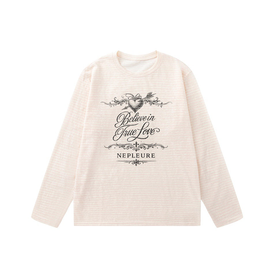Light pink striped long-sleeve crew neck tee with heart and arrow script graphic, flat lay front view