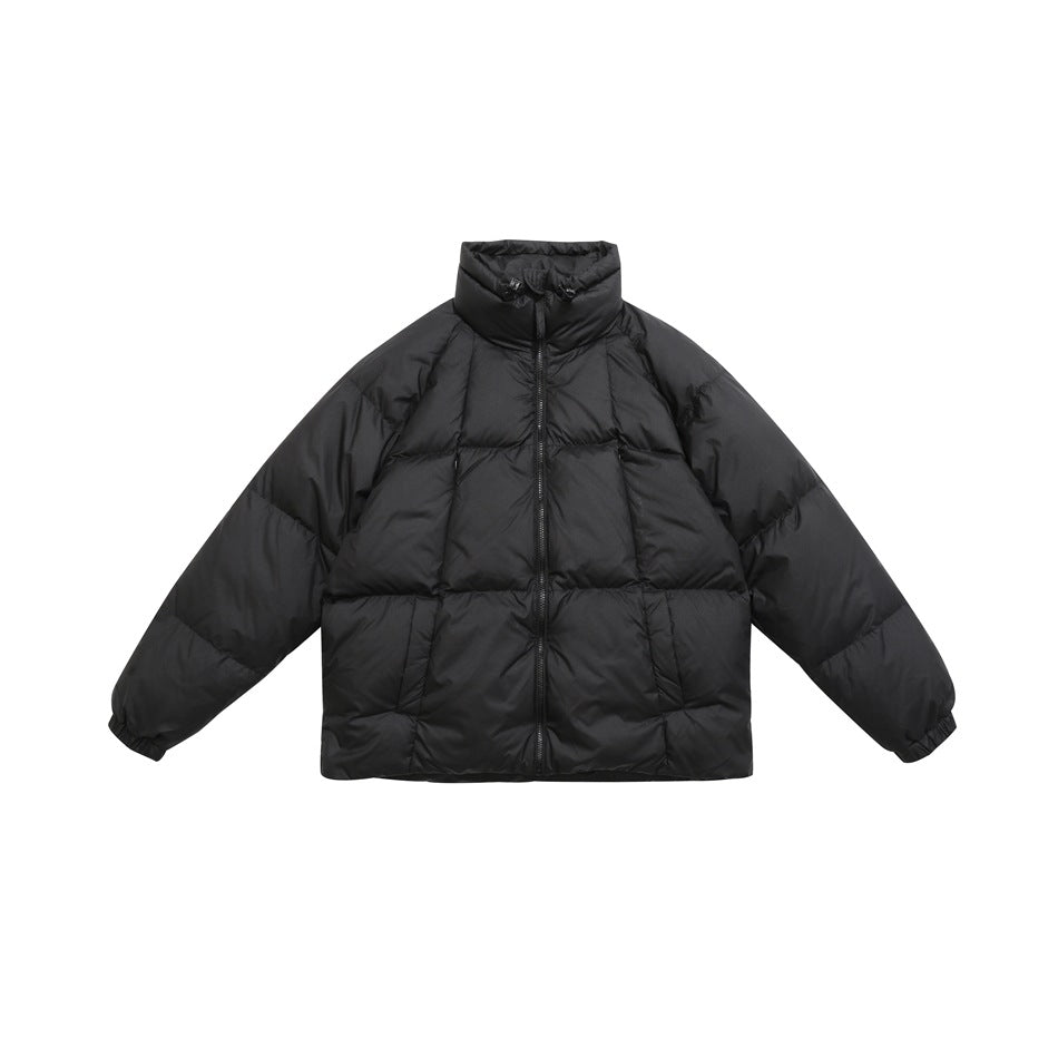 Black quilted puffer jacket with stand collar and front zipper, flat front view