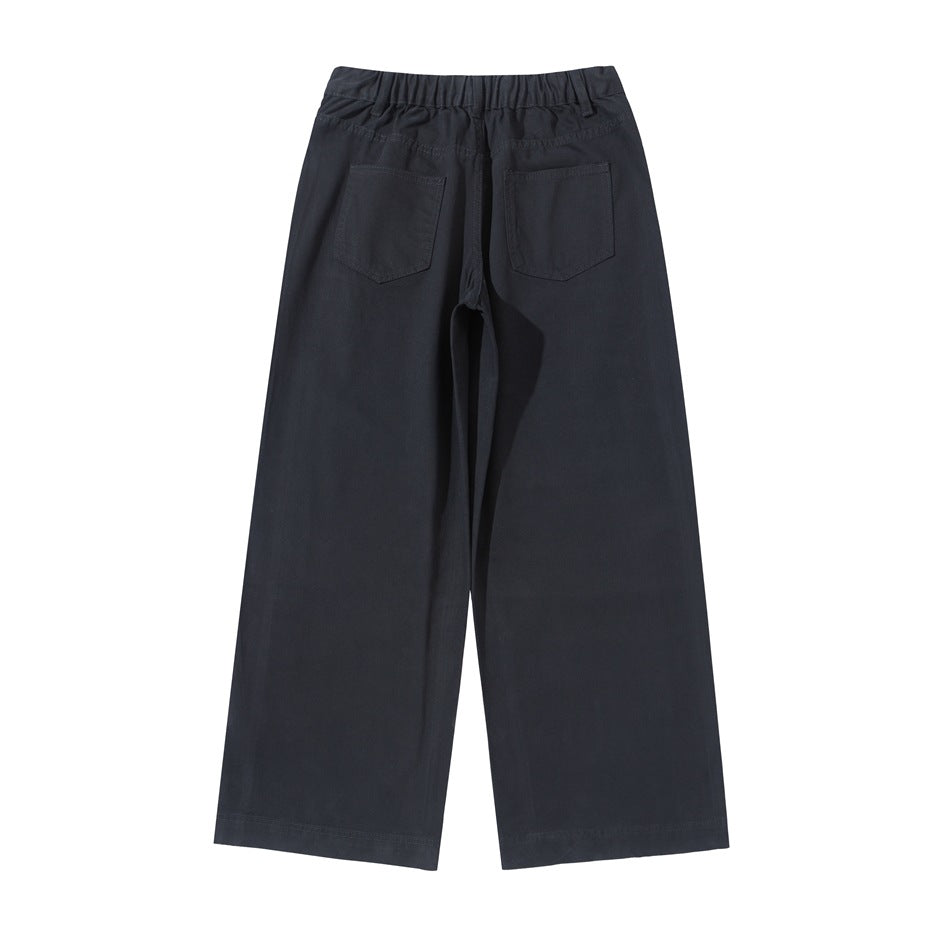 Dark navy-black wide-leg pants flat lay, back view, with elastic back waistband and two patch pockets