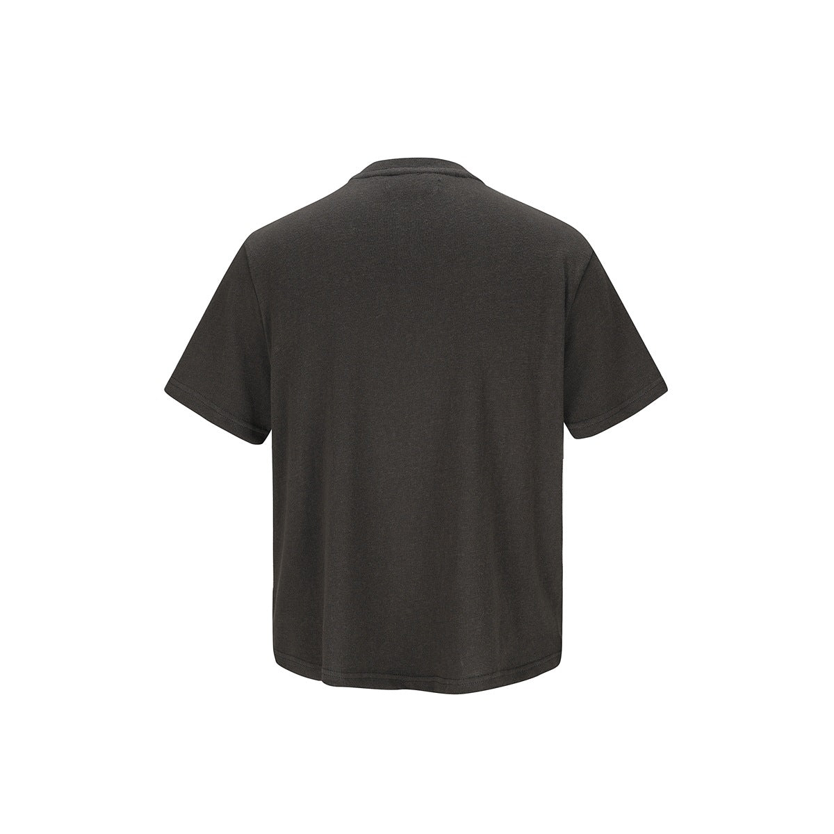 Back view of a plain charcoal gray short-sleeve top with a round neckline.