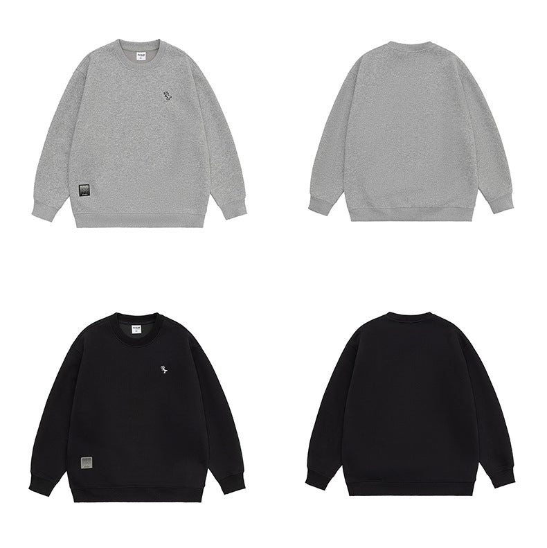 Flat-lay front and back views of crewneck sweatshirts in heather gray and black, with small chest motifs on the fronts.