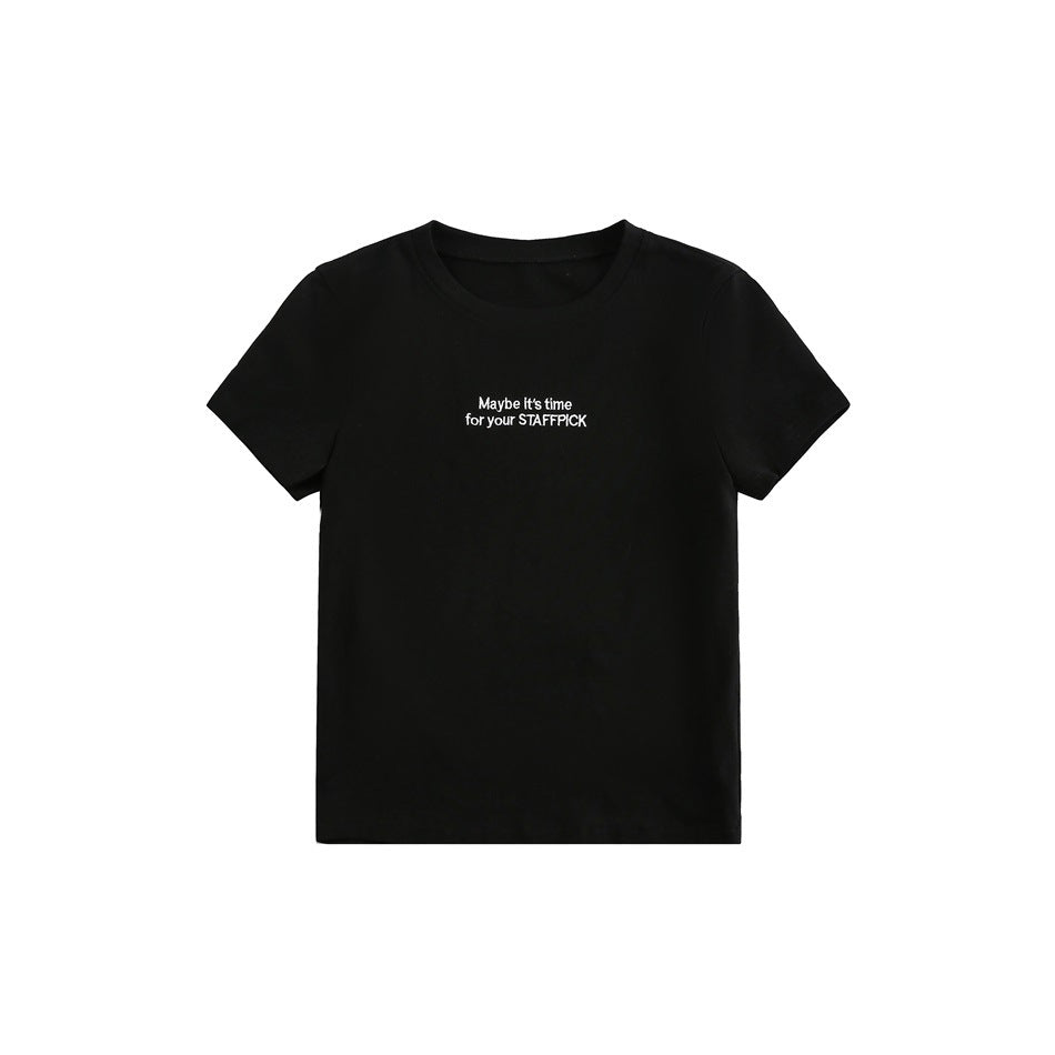 Front view of a black short-sleeve crew-neck T-shirt with small white text across the chest.