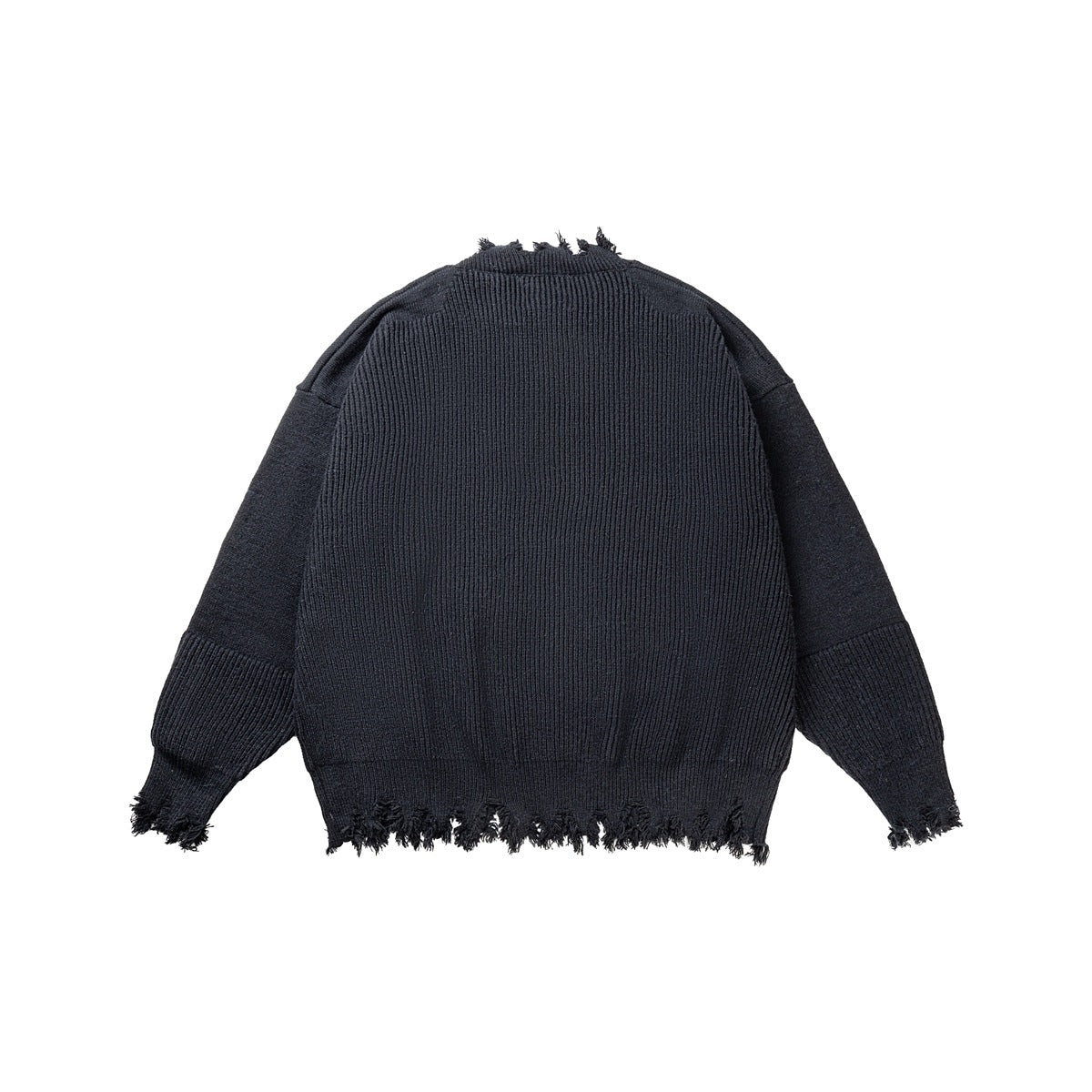 Black oversized rib-knit sweater back view with frayed collar, hem and cuffs, flat lay