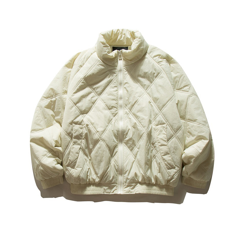 Beige-cream diamond-quilted stand-collar zip jacket with front pockets and ribbed cuffs and hem, flat front view