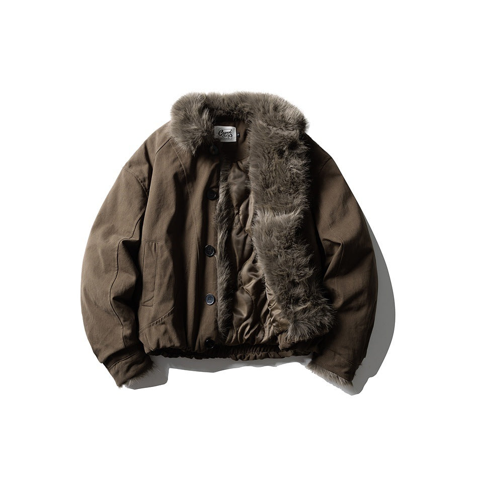 Brown jacket with fur-style collar, laid flat with the front open to show the plush facing and quilted lining