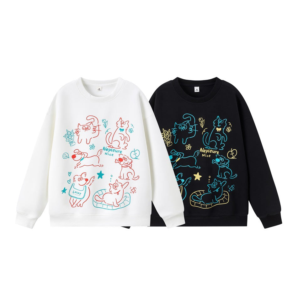 White and black crewneck sweatshirts with matching colorful cartoon animal prints on the front.