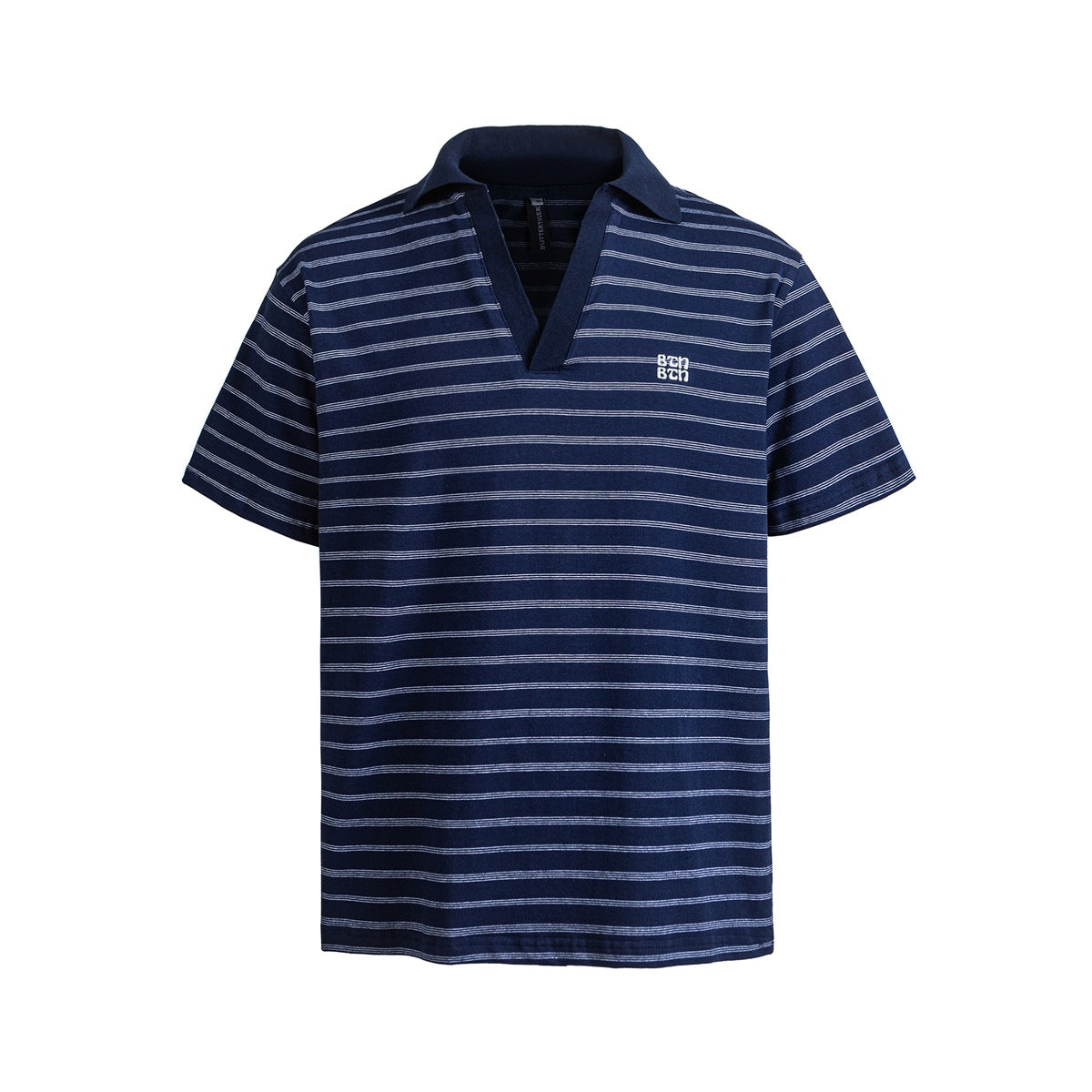 Navy polo shirt with thin white horizontal stripes, open V-neck collar and small white chest logo, front view